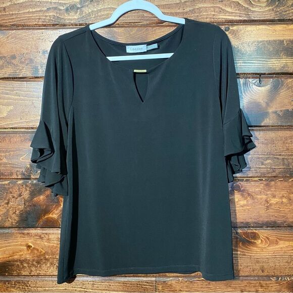 Calvin Klein Black Petal Sleeve Blouse Round Neck With Keyhole Women's Size M/L - Picture 10 of 12